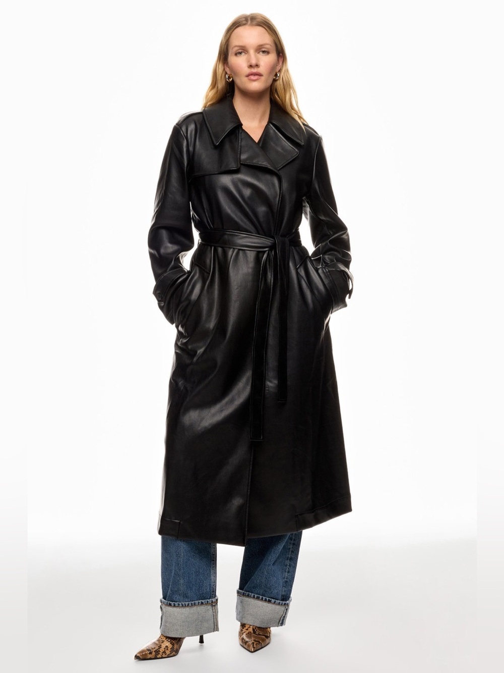 10 Crosby Derek Lam Black Faux Leather Belted Trench Coat